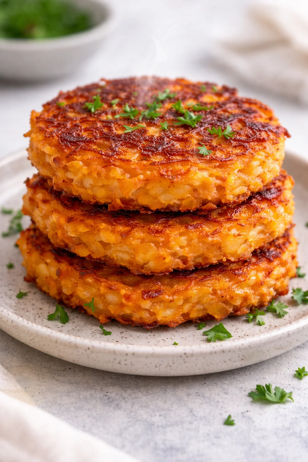 Healthy sweet potato hash browns served on a plate with herbs.