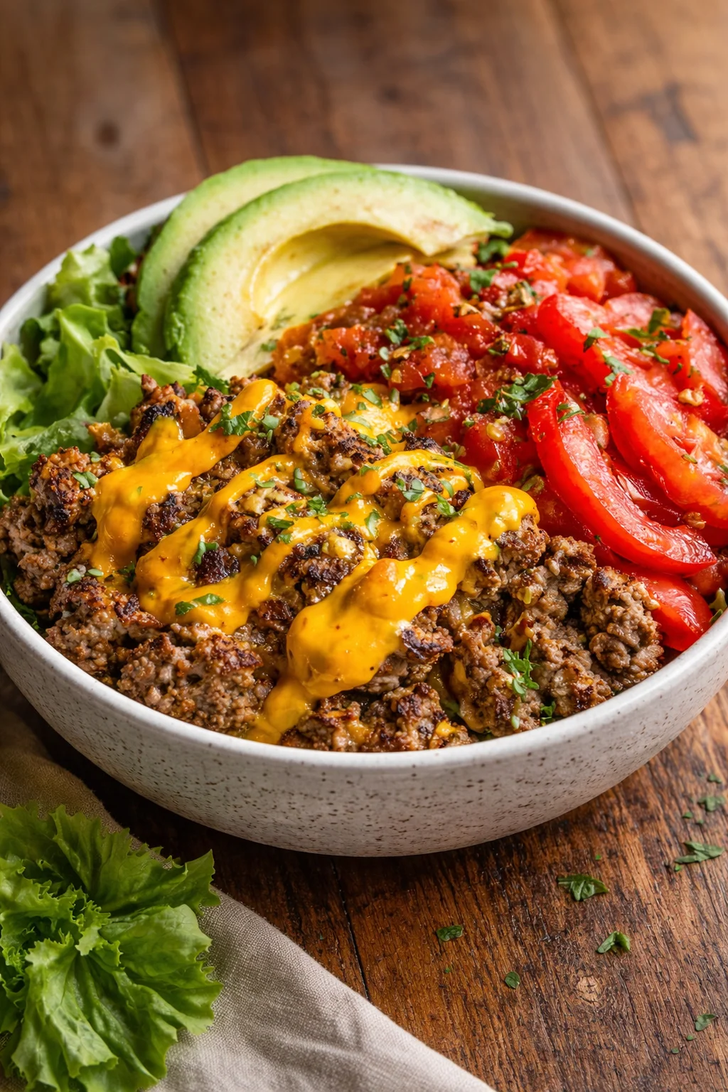 High-protein cheeseburger bowls with fresh ingredients in a bowl