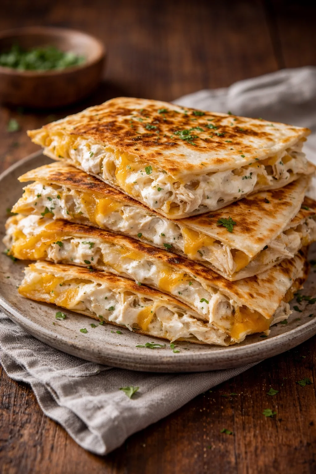 High-Protein Chicken Ranch Quesadilla with melted cheese and fresh toppings