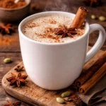 Homemade vanilla chai latte topped with spices in a cozy mug