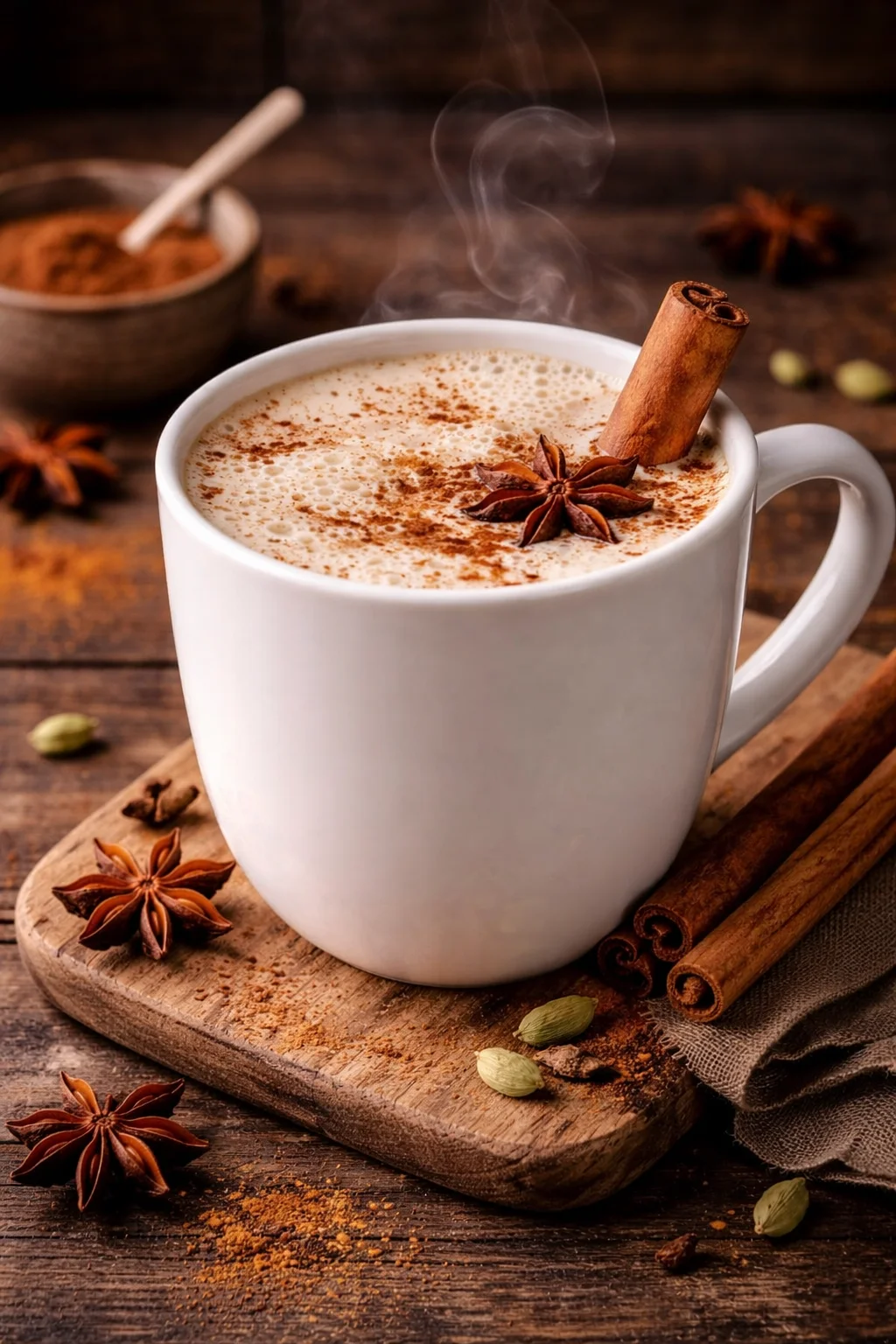 Homemade vanilla chai latte topped with spices in a cozy mug