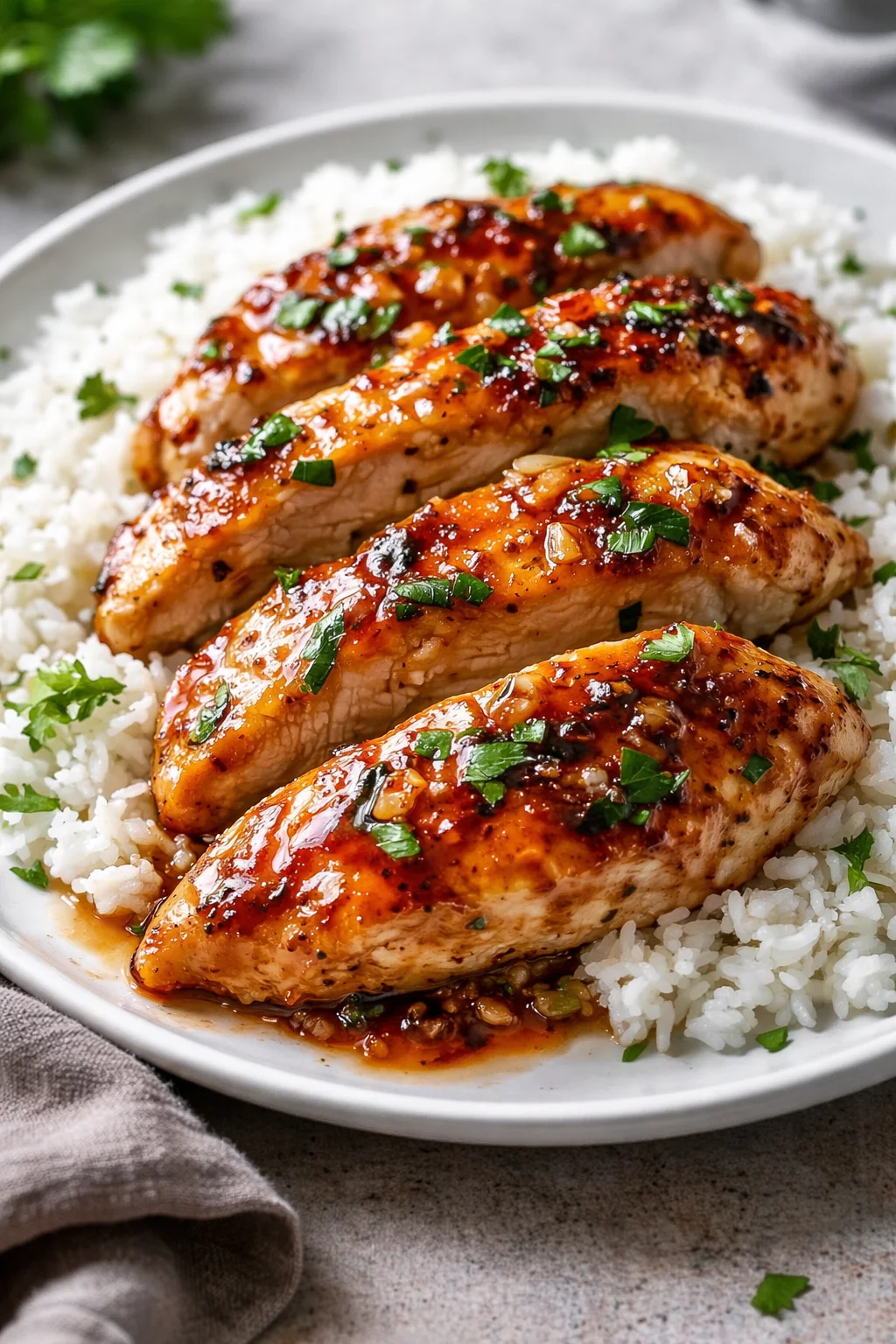 Juicy Honey Garlic Chicken Breasts garnished with herbs on a plate