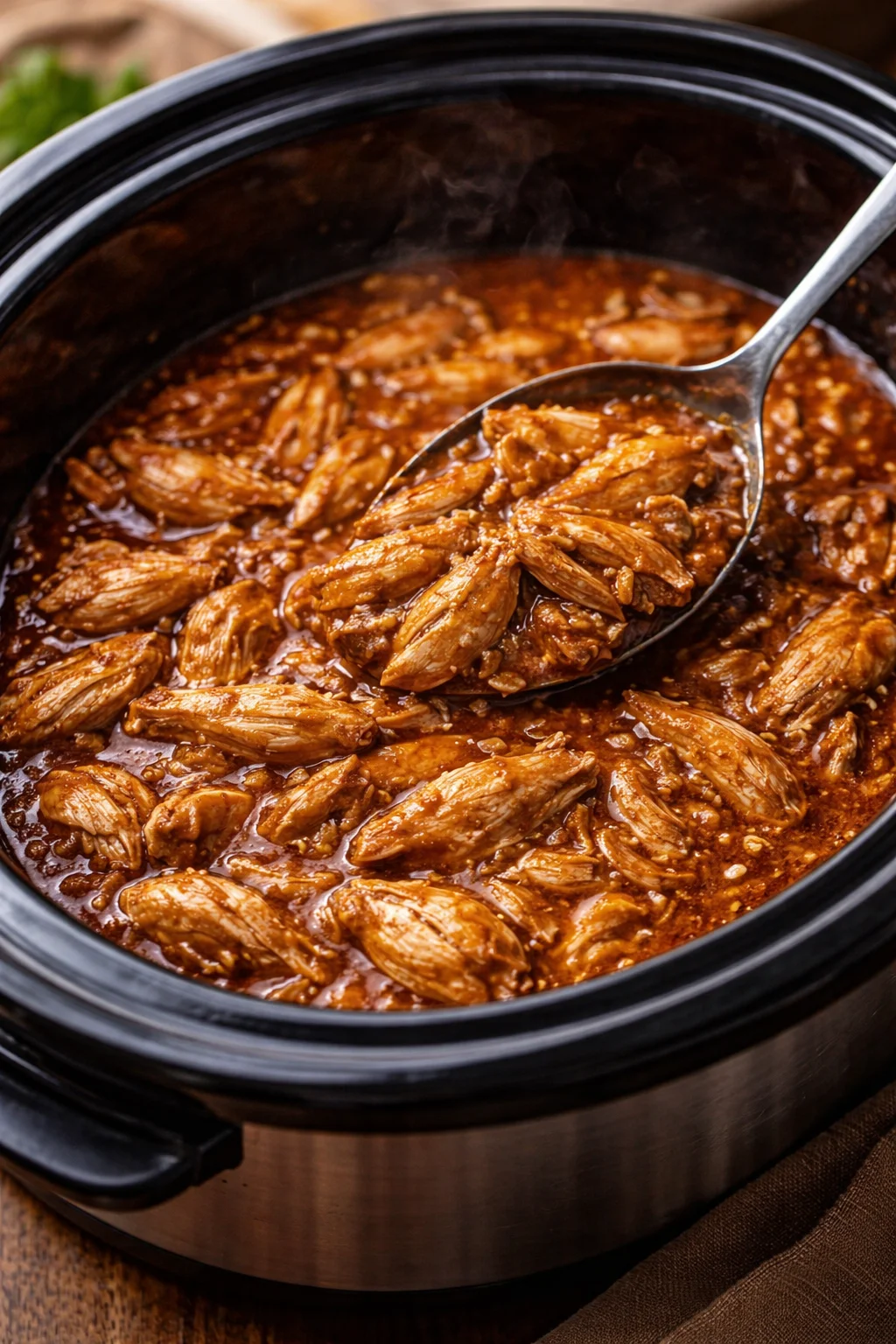Honey Garlic Slow Cooker Chicken Thighs served on a plate with a garnish