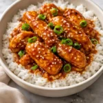 Honey Garlic Slow Cooker Chicken Thighs served with rice and vegetables