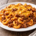 A savory dish of Johnny Marzetti casserole with ground beef and pasta