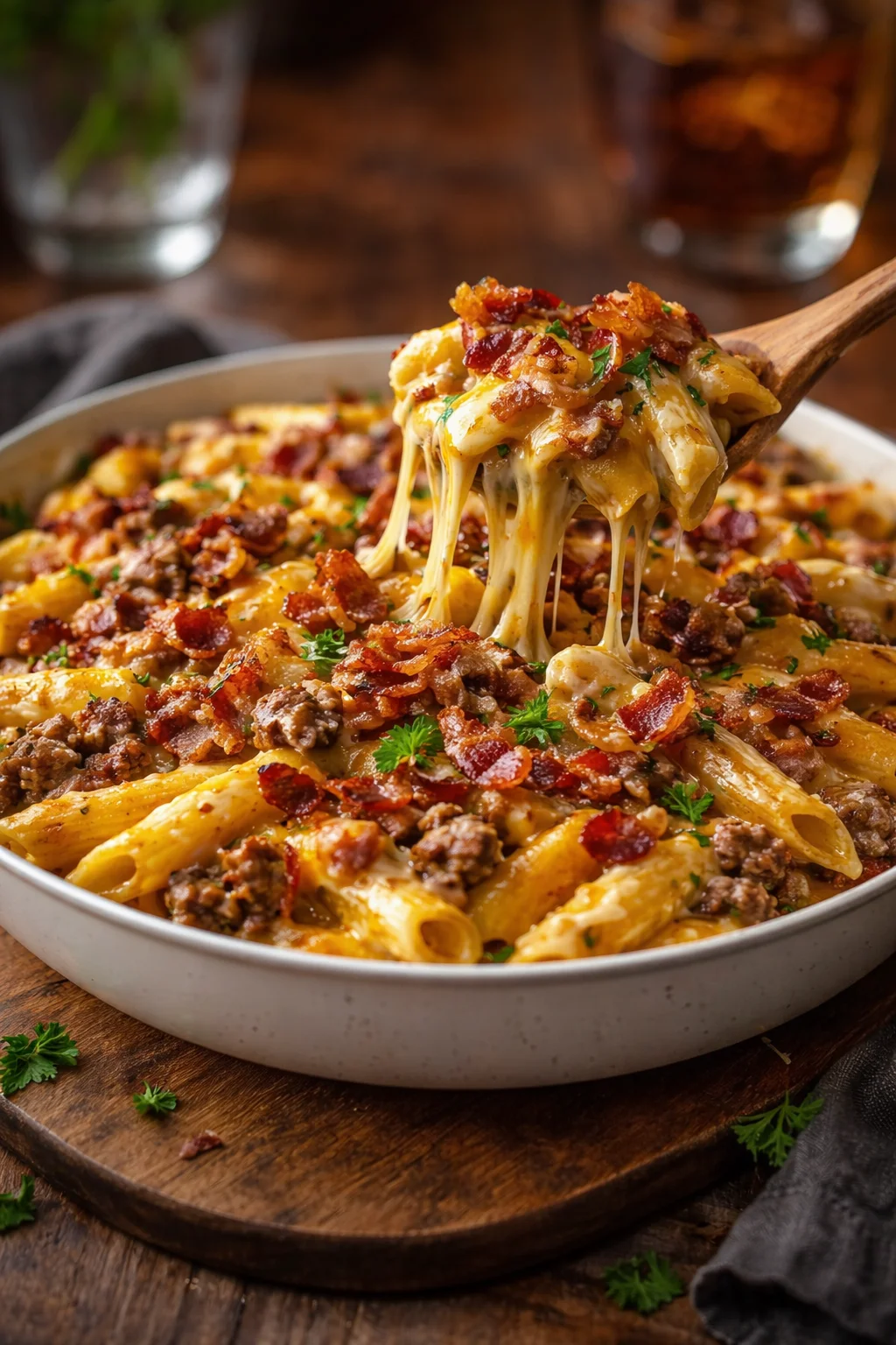 Loaded Bacon Cheeseburger Alfredo Pasta topped with crispy bacon and cheese