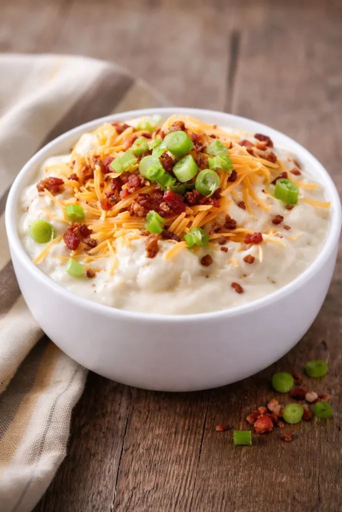 Delicious loaded baked potato soup topped with cheese, bacon, and chives