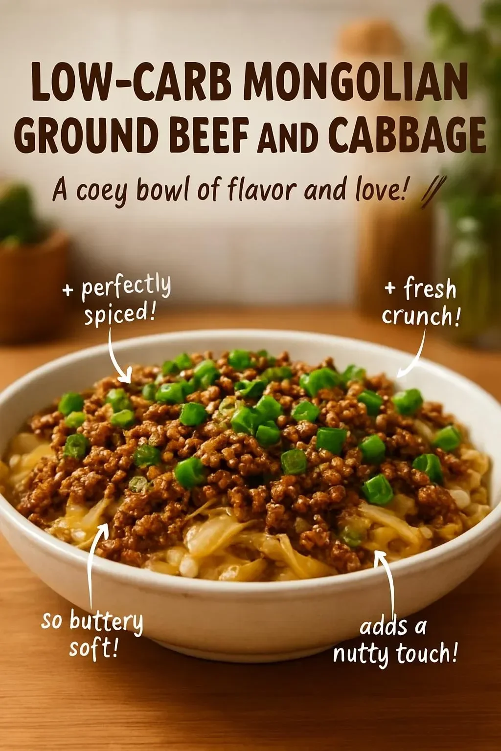 Low-Carb Mongolian Ground Beef served with sautéed cabbage