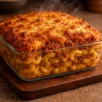 Delicious Mac and Cheese Meatloaf Casserole topped with cheese and breadcrumbs