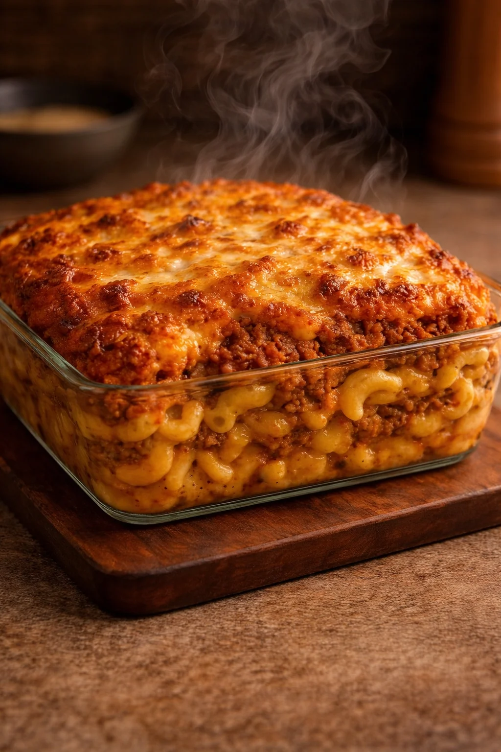 Delicious Mac and Cheese Meatloaf Casserole topped with cheese and breadcrumbs