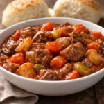 A bowl of Mamaw's 5 Hour Beef Stew, rich in flavor and ingredients.