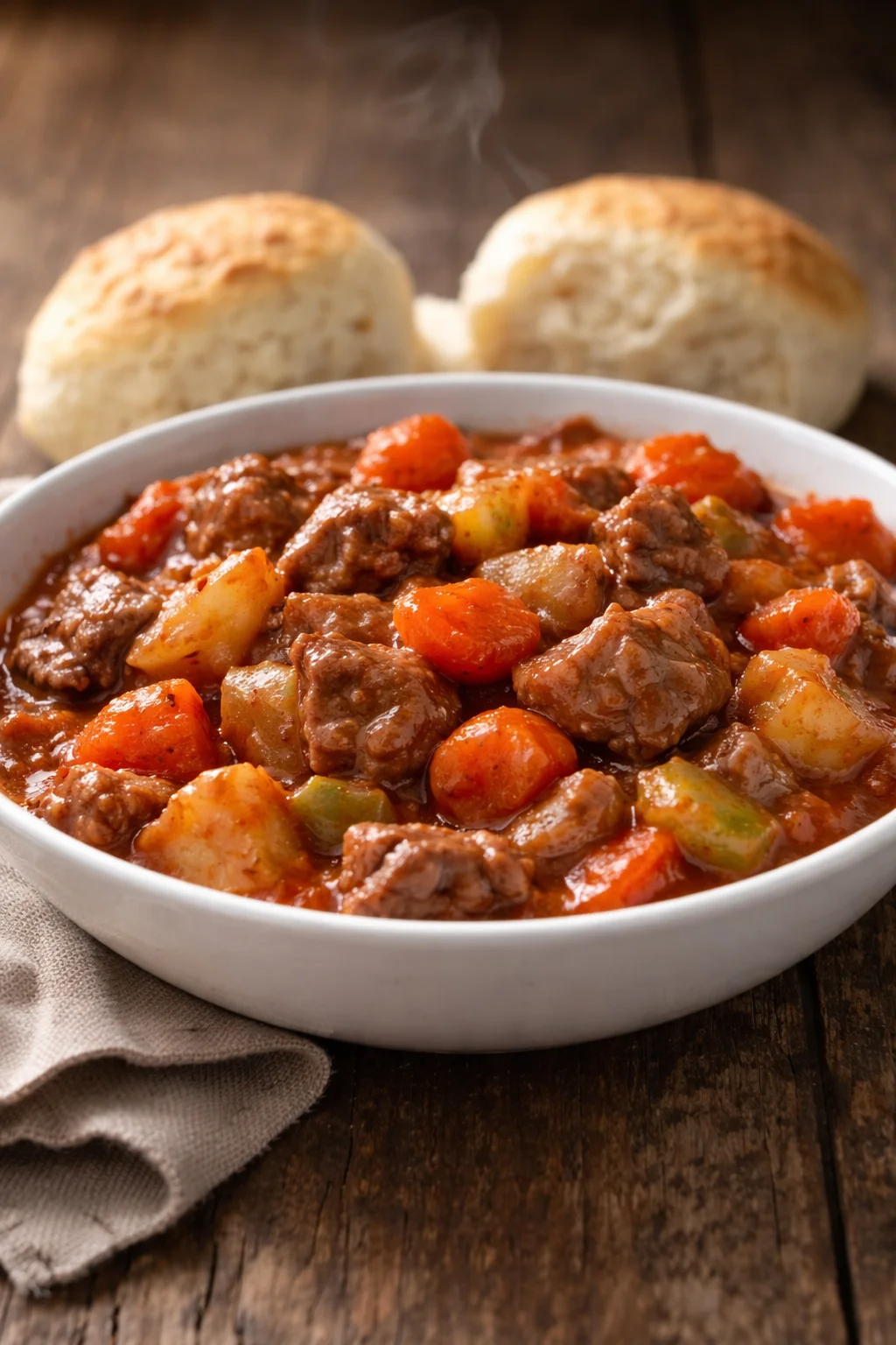 A bowl of Mamaw's 5 Hour Beef Stew, rich in flavor and ingredients.