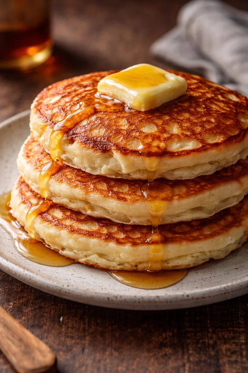 Stack of old-fashioned pancakes with syrup and berries on a plate