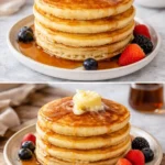 Stack of old-fashioned pancakes topped with syrup and butter
