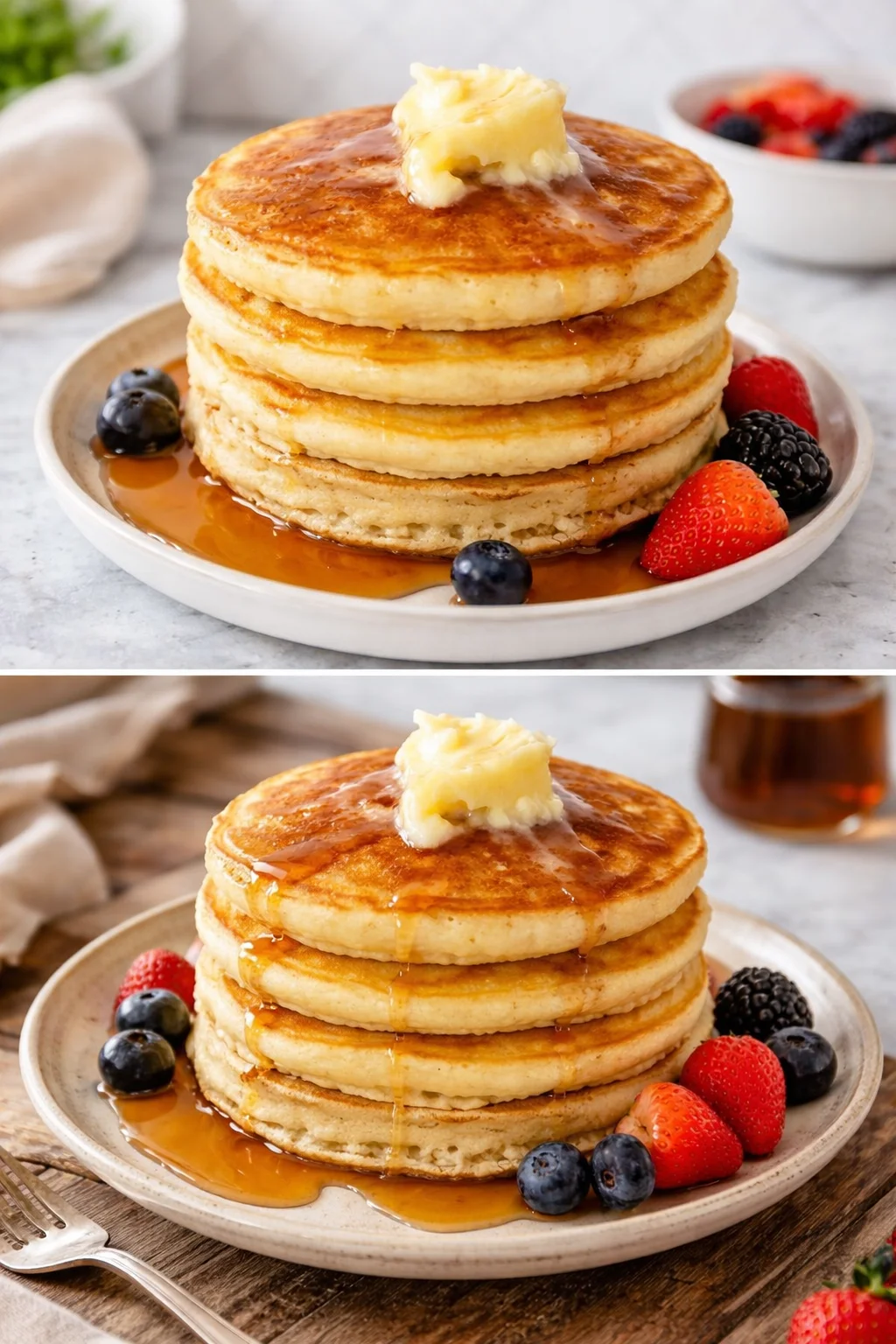 Stack of old-fashioned pancakes topped with syrup and butter