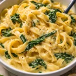 One Pot Creamy Garlic Butter Spinach Pasta served in a bowl with fresh herbs.