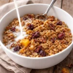 Overnight baked oatmeal topped with dried fruit and nuts in a bowl.