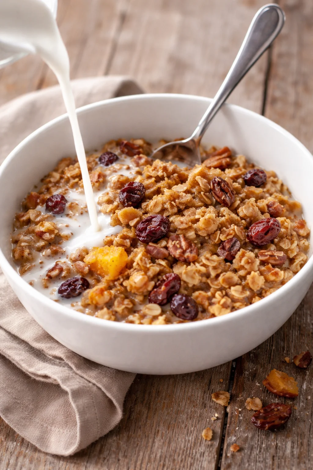 Overnight baked oatmeal topped with dried fruit and nuts in a bowl.