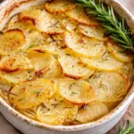 Delicious Potato Onion Bake served in a ceramic dish with golden topping
