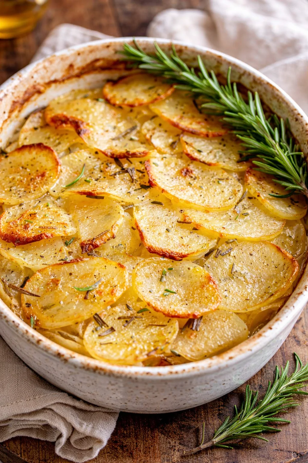 Delicious Potato Onion Bake served in a ceramic dish with golden topping