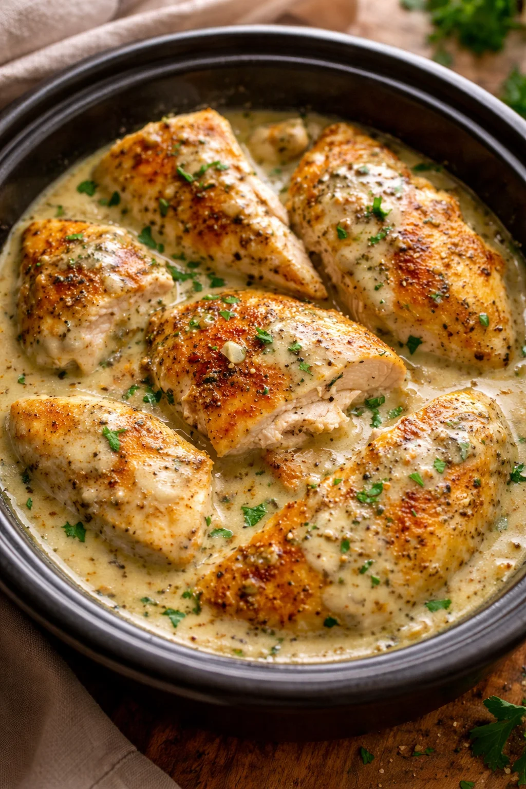 Ranch Chicken Crock Pot meal ready to serve with herbs and spices.
