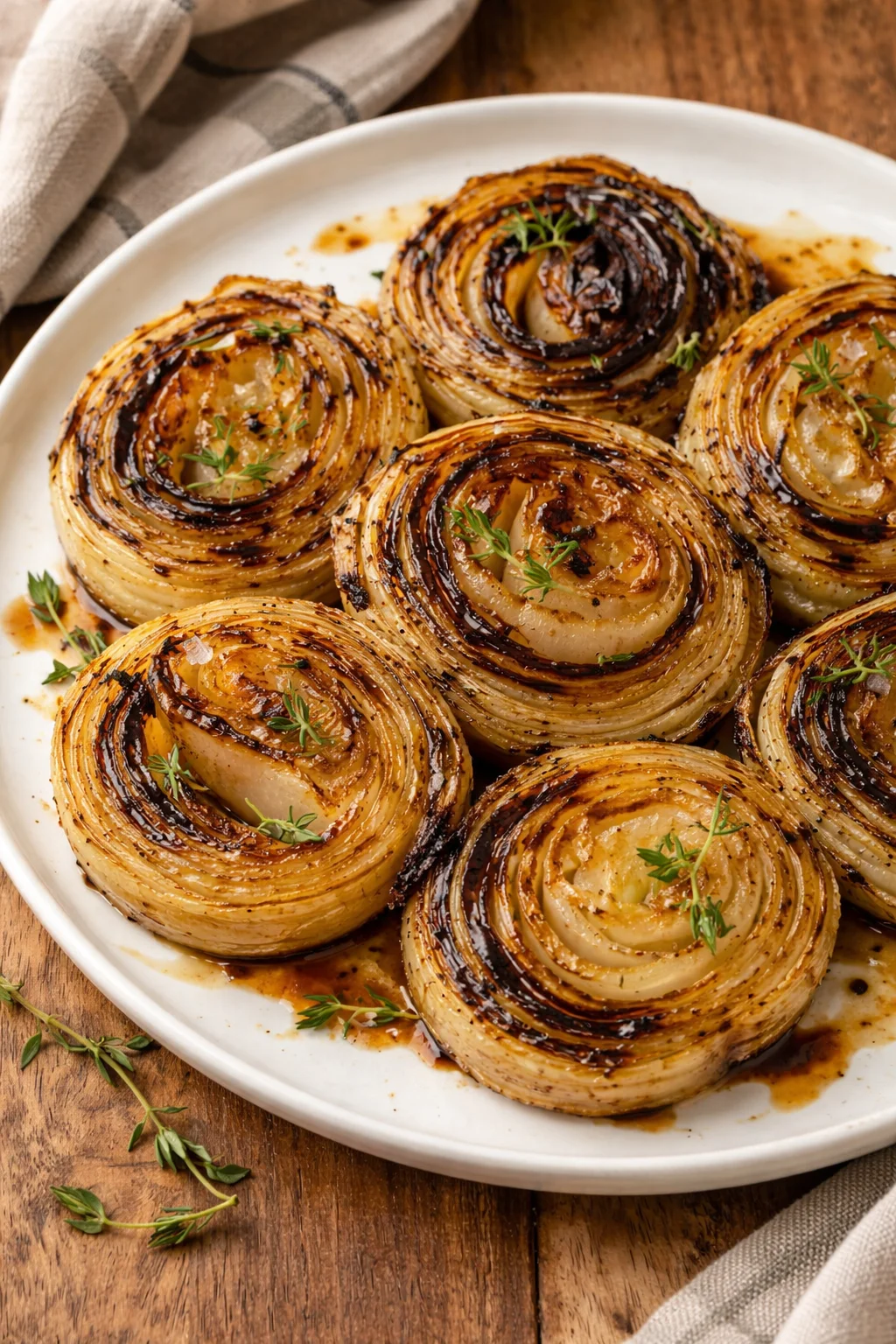 Plate of delicious roasted onions garnished with herbs.