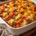 Savory cabbage beef bake dish with layers of tender beef and cabbage