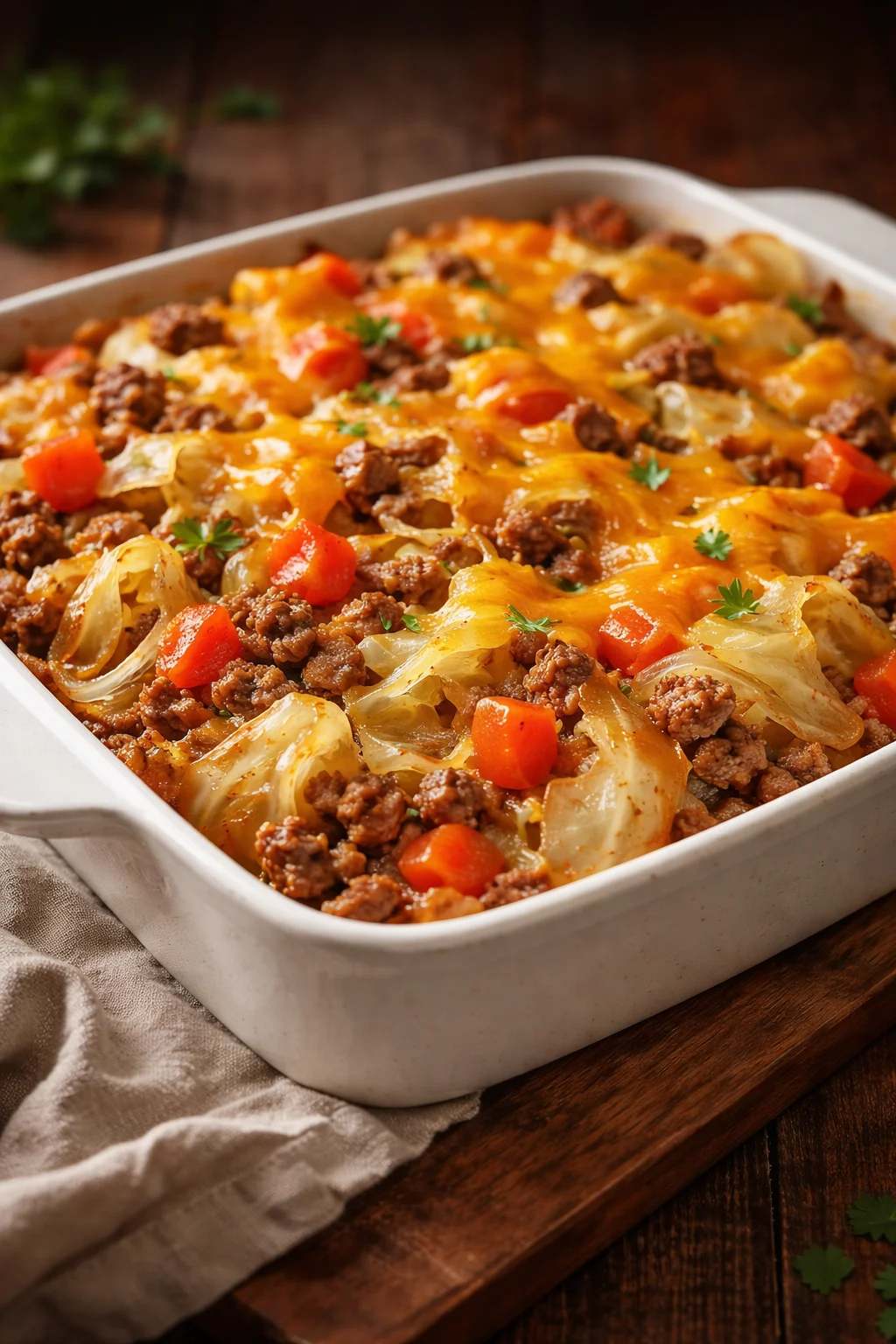 Savory cabbage beef bake dish with layers of tender beef and cabbage