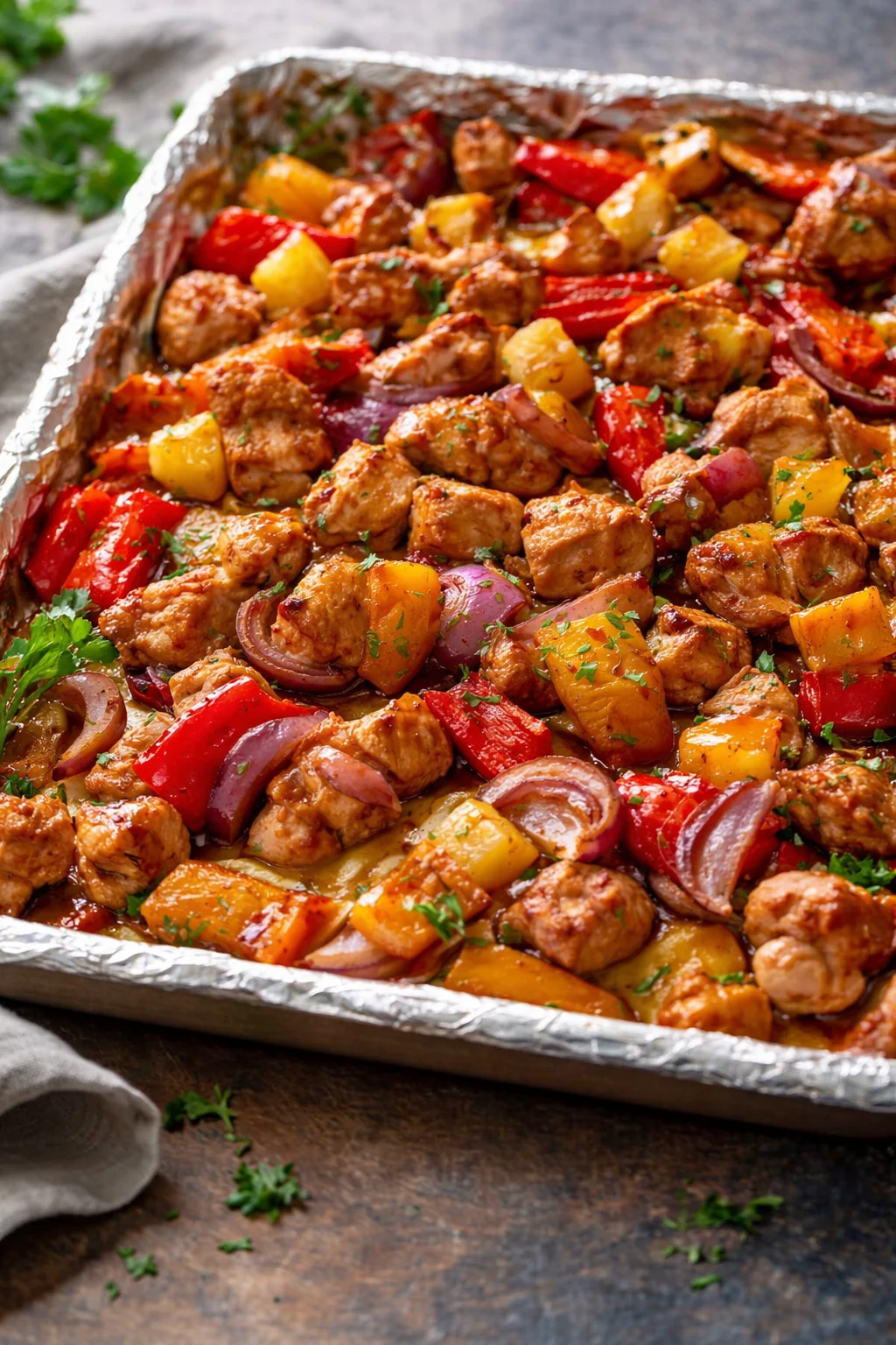 Sheet Pan Hawaiian Chicken served with colorful vegetables and pineapple.