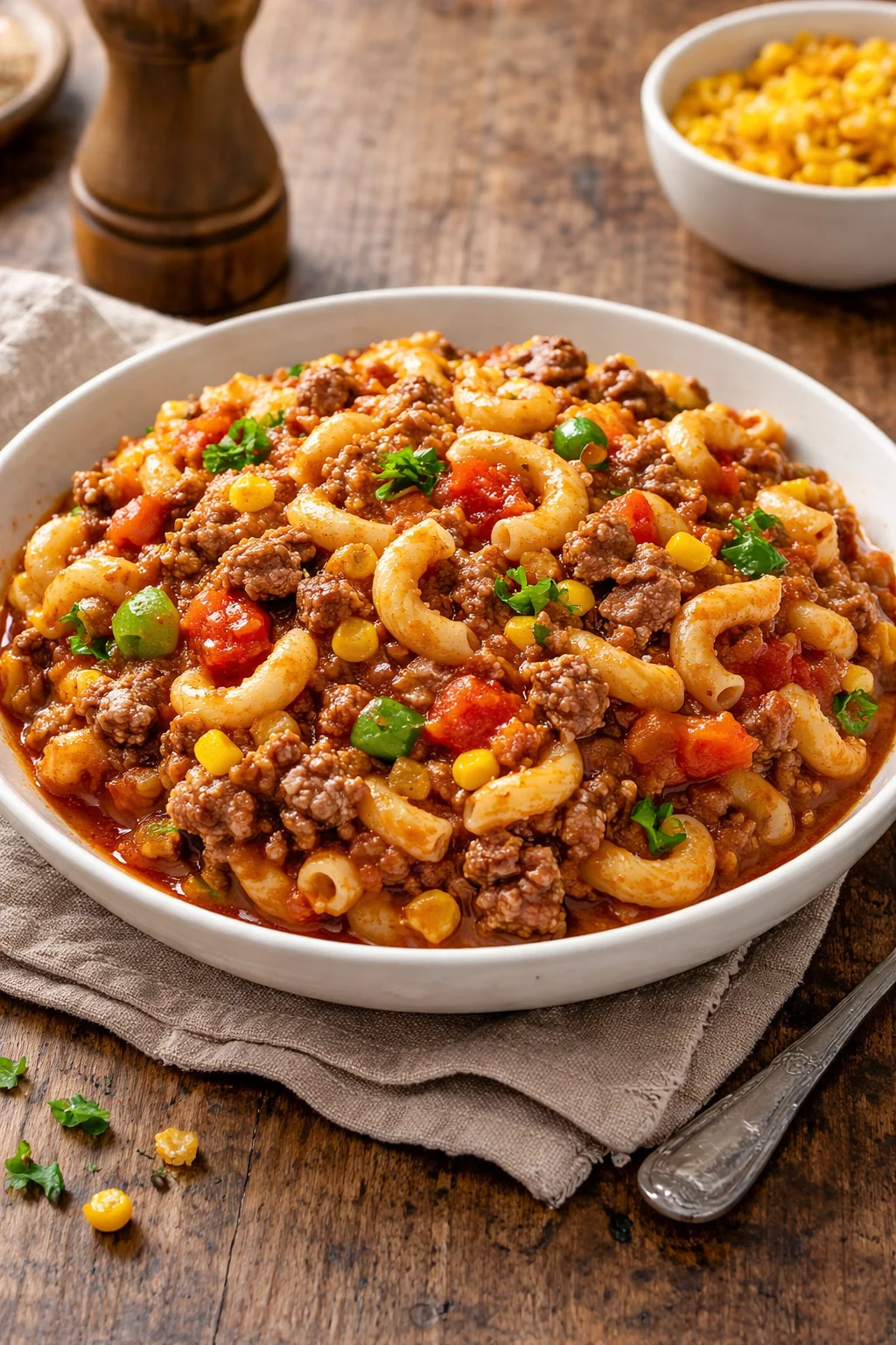 Simple Mexican Goulash with ground beef served in a bowl