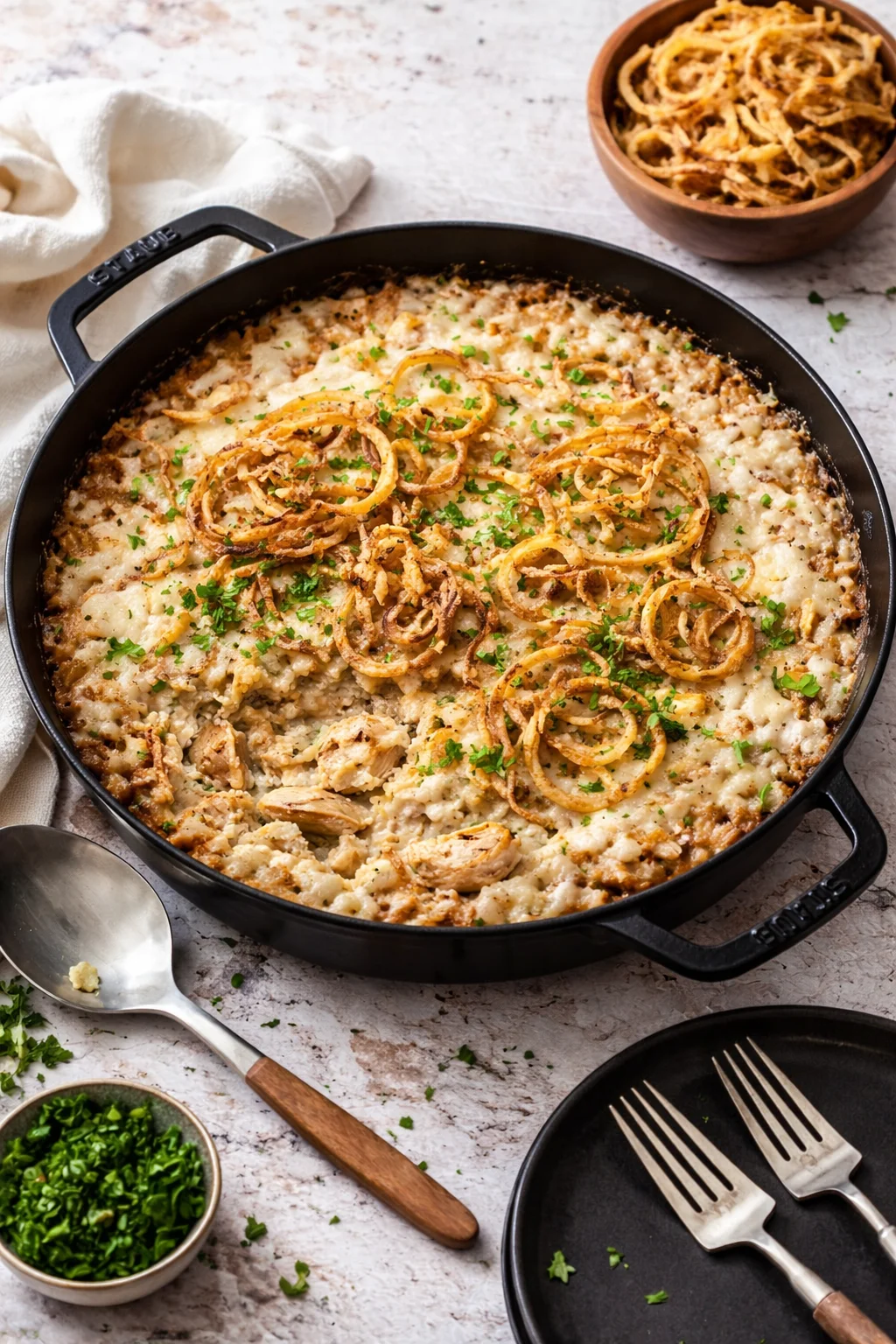 Skillet French Onion Chicken and Rice Casserole served in a skillet