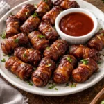 Slow cooker bacon wrapped lil' smokies appetizers served on a platter