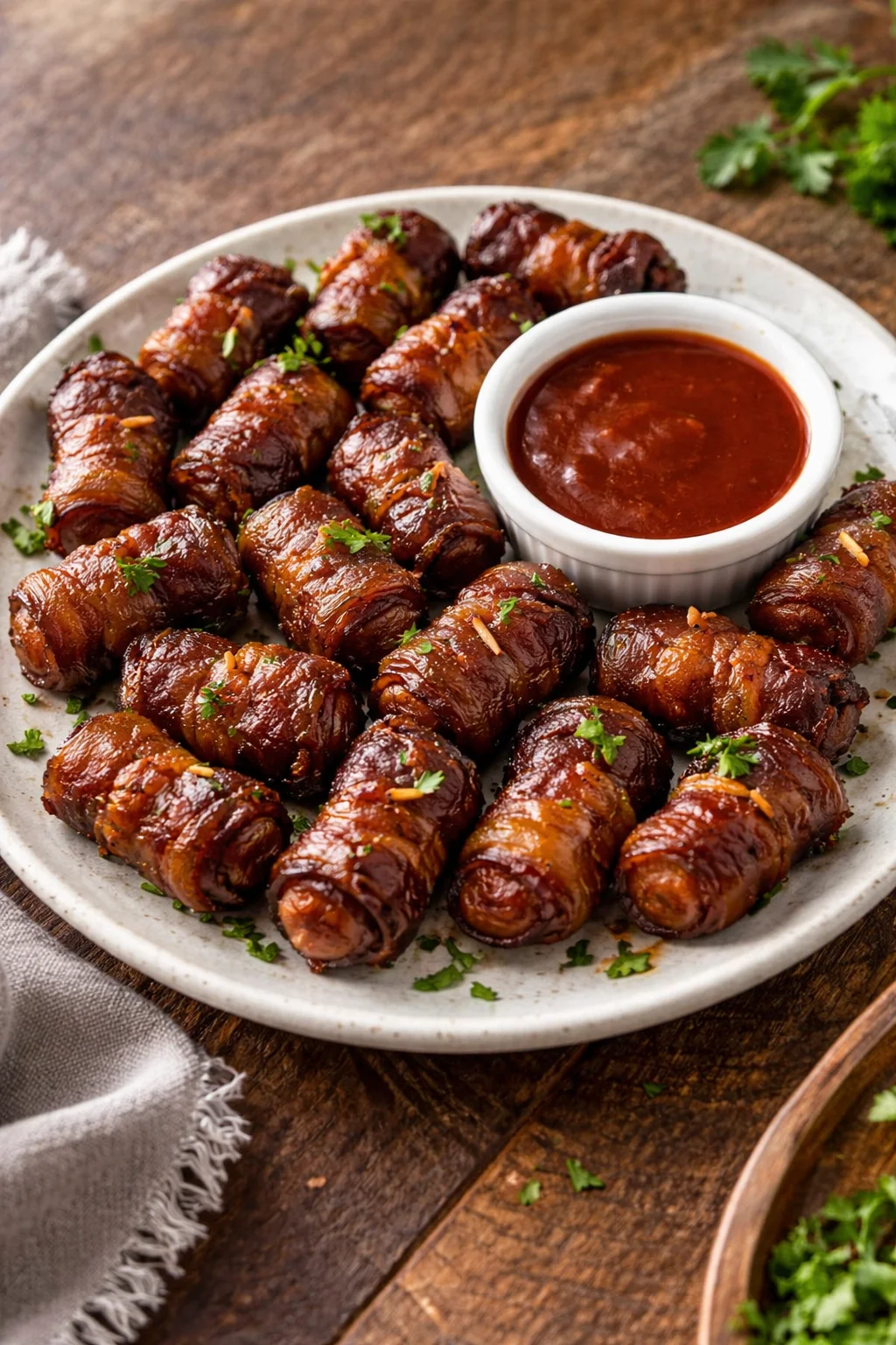 Slow cooker bacon wrapped lil' smokies appetizers served on a platter