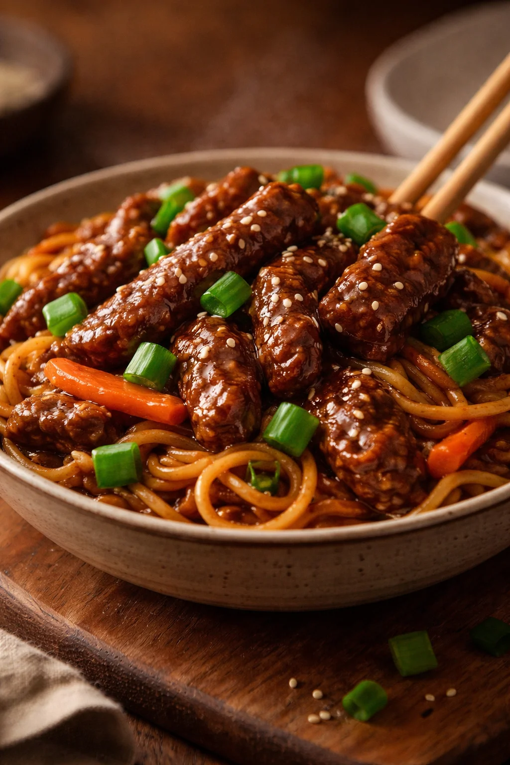 Bowl of slow cooker beef ramen noodles garnished with green onions.