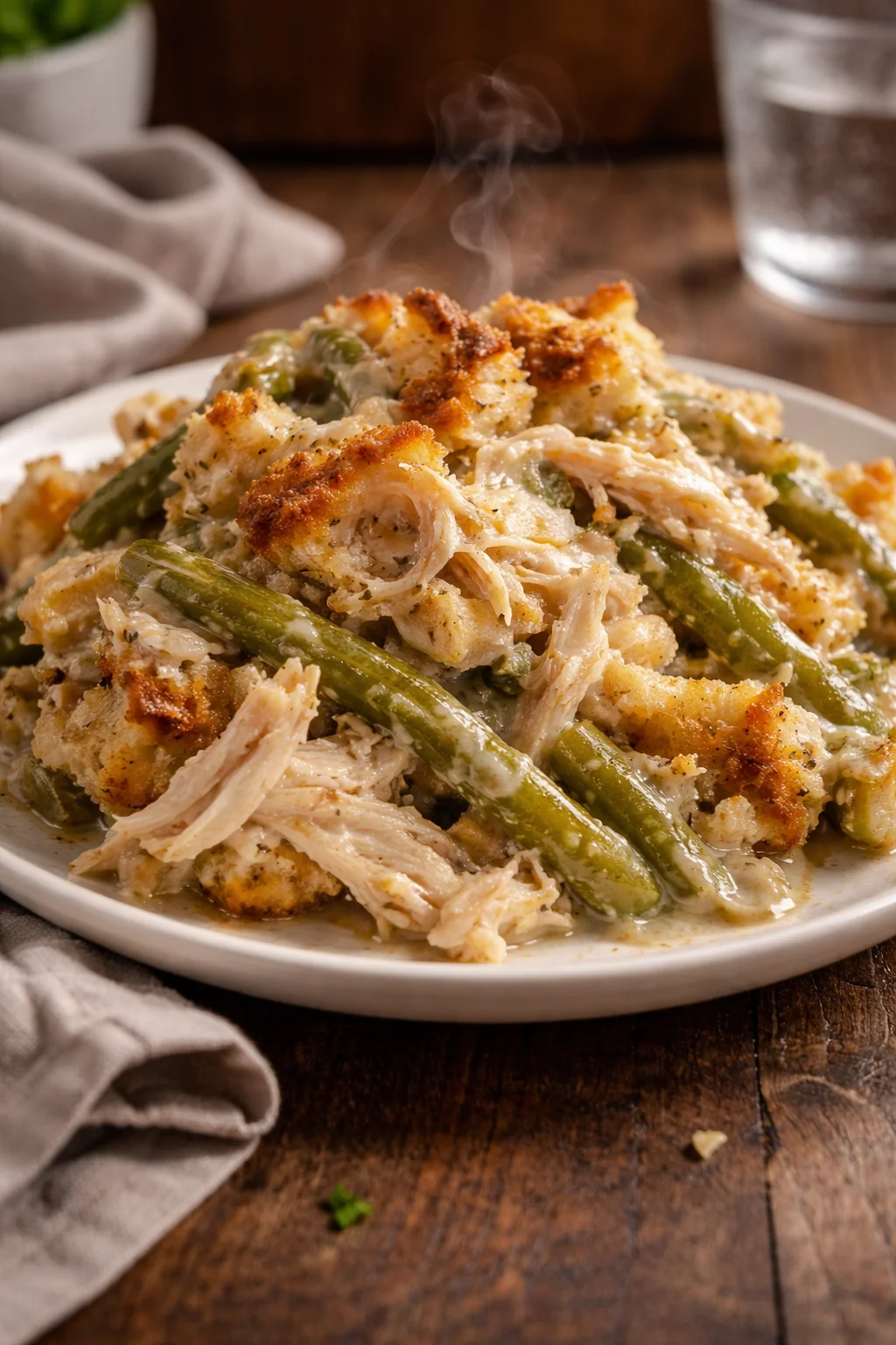Delicious slow cooker chicken and stuffing served in a bowl with herbs.