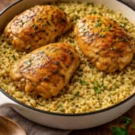 Slow Cooker Lemon Herb Chicken served with rice on a rustic table.