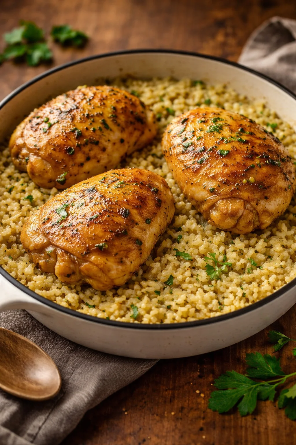 Slow Cooker Lemon Herb Chicken served with rice on a rustic table.