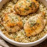 Slow cooker lemon herb chicken with rice served on a plate