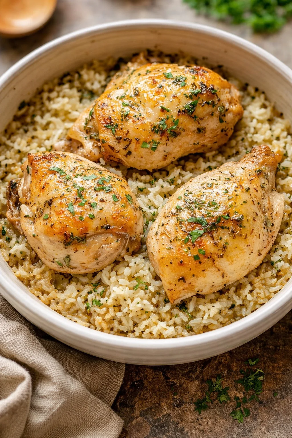 Slow cooker lemon herb chicken with rice served on a plate