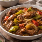 Delicious slow cooker pepper steak dish with bell peppers and beef strips.