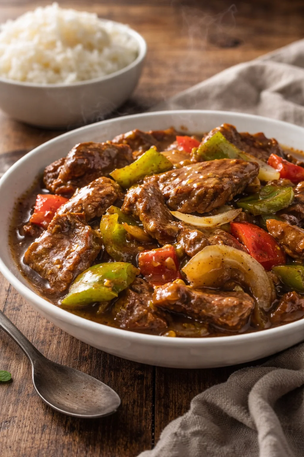 Delicious slow cooker pepper steak dish with bell peppers and beef strips.