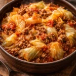 Bowl of slow cooker unstuffed cabbage rolls with a garnish of herbs