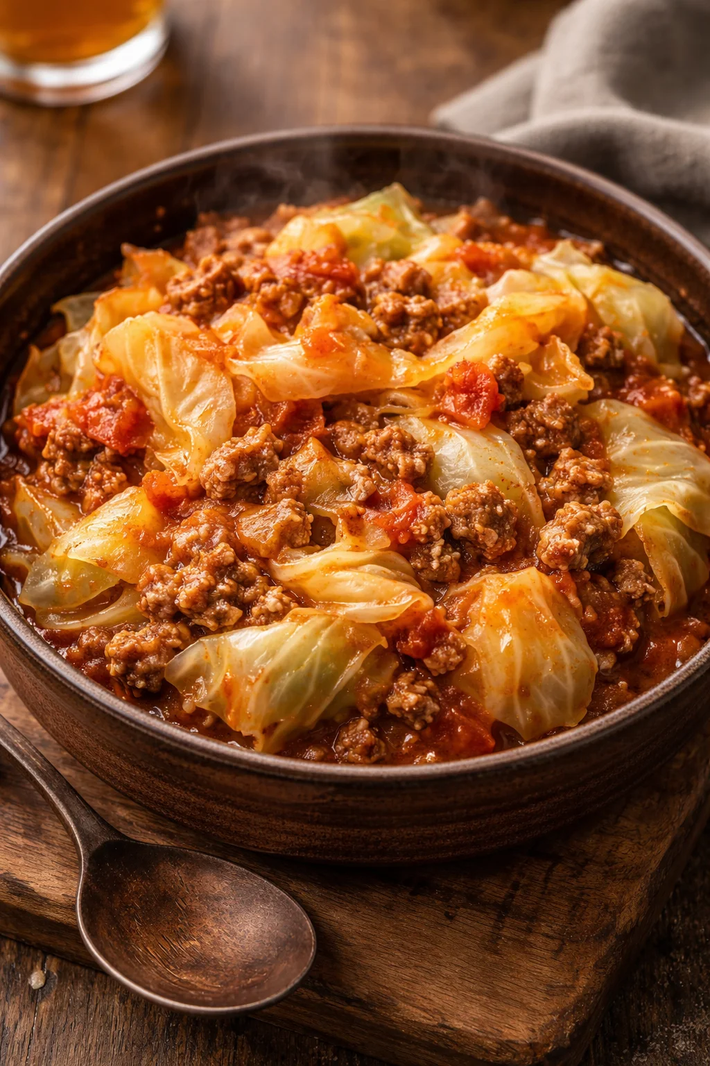 Bowl of slow cooker unstuffed cabbage rolls with a garnish of herbs