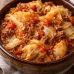 Slow cooker unstuffed cabbage rolls served in a bowl with fresh herbs.