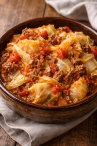 Slow cooker unstuffed cabbage rolls served in a bowl with fresh herbs.