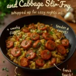 Smoked sausage and cabbage stir-fry in a skillet, ready to serve.