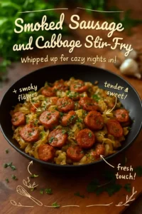 Smoked sausage and cabbage stir-fry in a skillet, ready to serve.