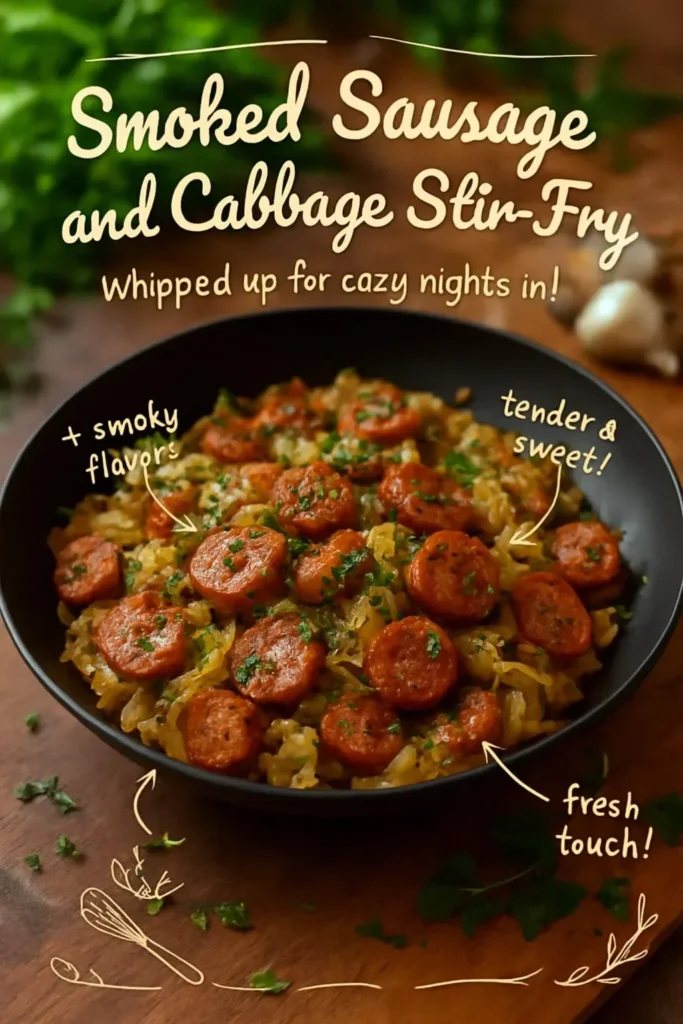 Smoked sausage and cabbage stir-fry in a skillet, ready to serve.