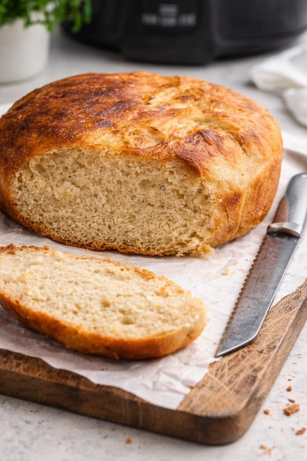 Homemade sourdough bread baking in a crockpot for a unique cooking method.
