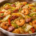 Southern Fried Cabbage with Shrimp on a plate garnished with herbs